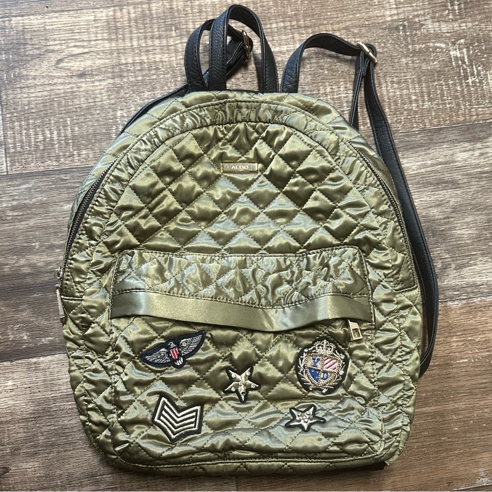 Aldo Womens Satin Quilted Backpack in Olive Army Green Patchwork Detail